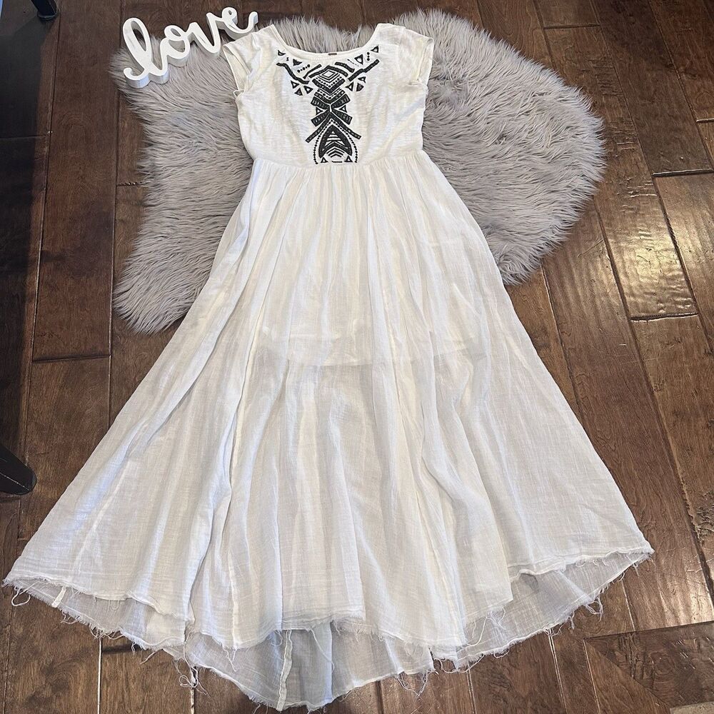 Free People Toosaloosa Slub Embroidered Off White Midi Dress Size XS